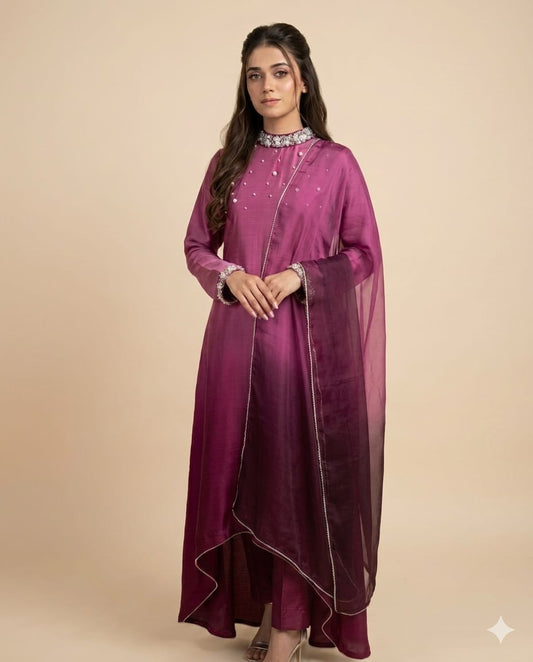 Pink Ombre – Embellished Flowing Maxi Set 3-Piece